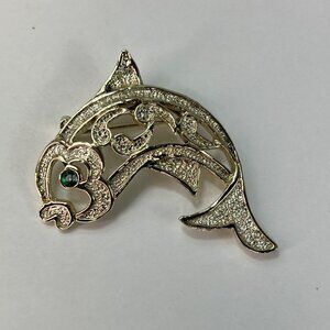 Vintage Gerrys Fish Brooch Pin Green Rhinestone Eye Accents Silver Tone MCM